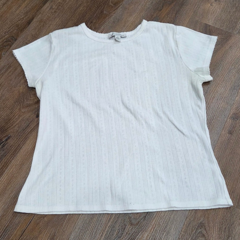 Free Assembly Womens White Pointelle Knit Short Sleeve Crew Neck Top Large 12-14